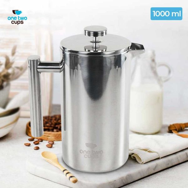 One Two Cups French Press Coffee Maker Pot Stainless Steel 1000ml