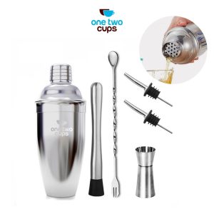 One Two Cups 6 in 1 Bartender Drink Bar Set Cocktail Shaker Stainless Steel 550ml - BA016 - Silver