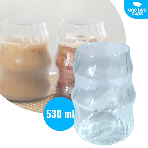 ginee_20251201171048418_6305775460.png One Two Cups Gelas Kaca Aesthetic Kopi Teh Wave Stripe Shape Glass - GK23