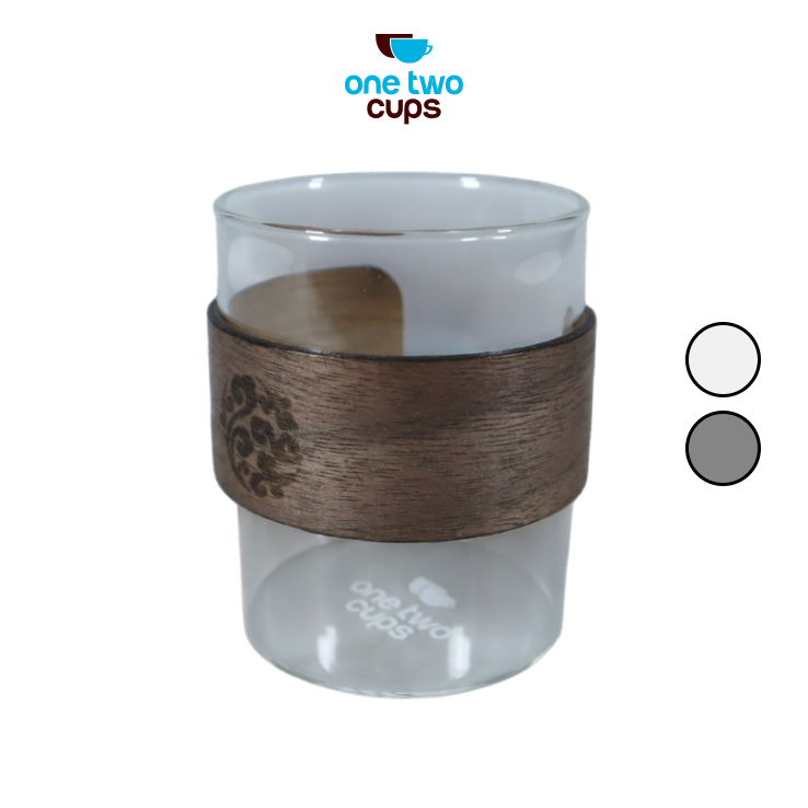 One Two Cups Gelas Teh Kopi Glass Tea Cup Borosilicate Wood Ring 200ml - LU2