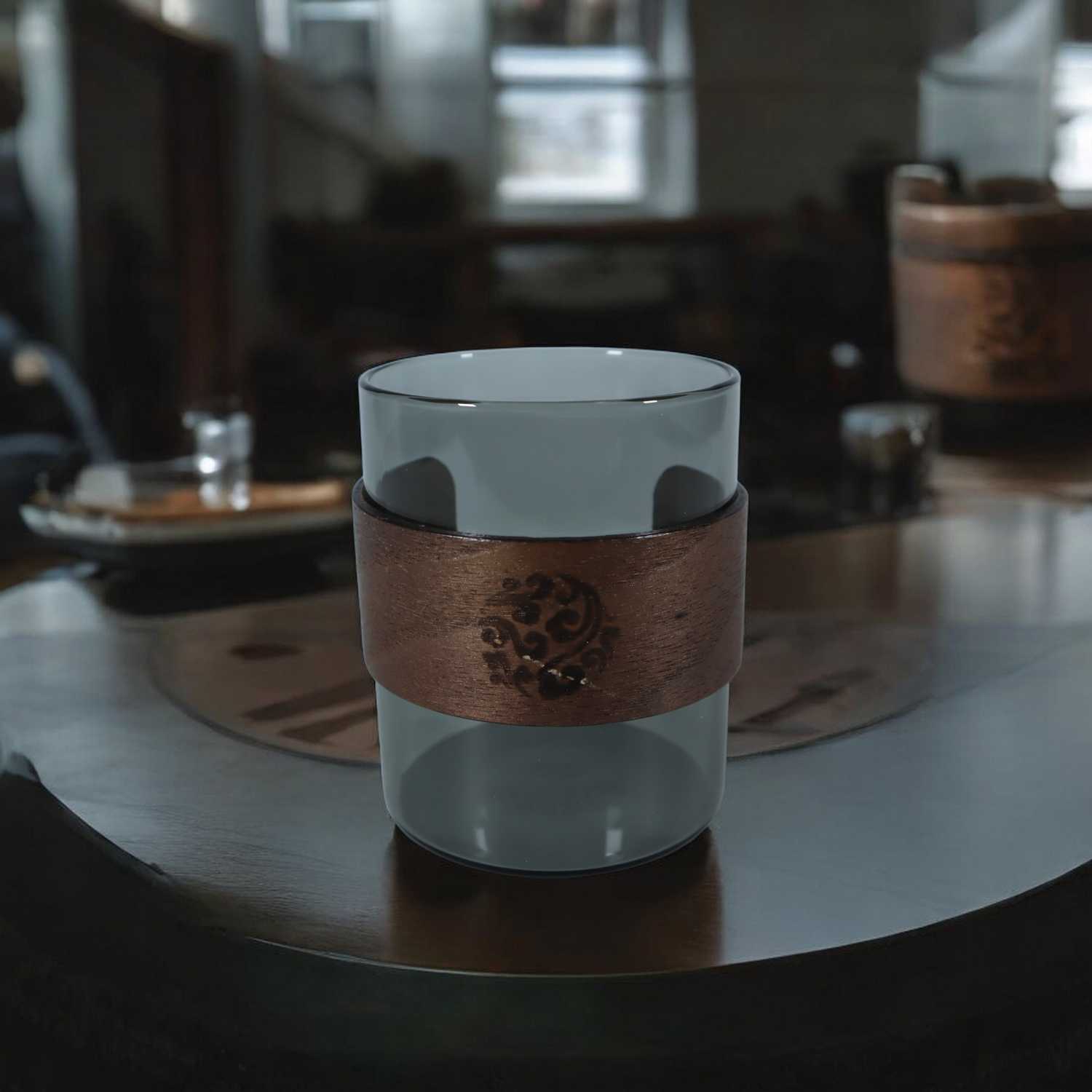 One Two Cups Gelas Teh Kopi Glass Tea Cup Borosilicate Wood Ring 200ml - LU2