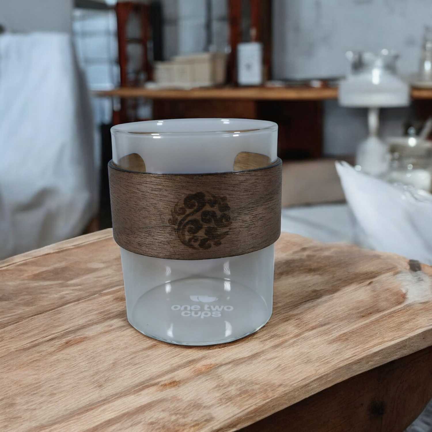 One Two Cups Gelas Teh Kopi Glass Tea Cup Borosilicate Wood Ring 200ml - LU2