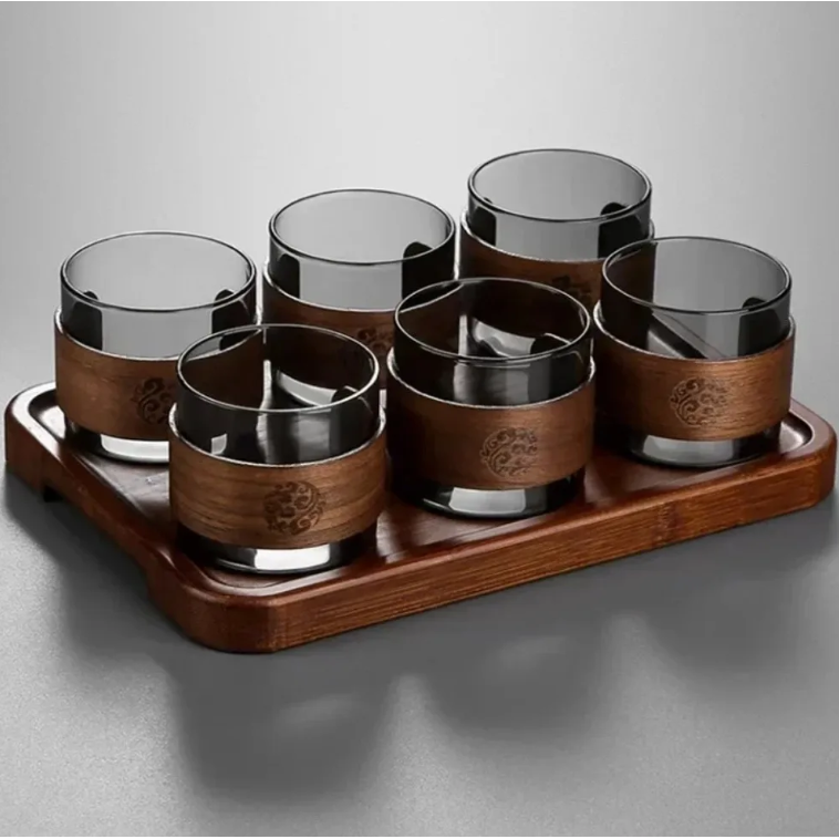 One Two Cups Gelas Teh Kopi Glass Tea Cup Borosilicate Wood Ring 200ml - LU2