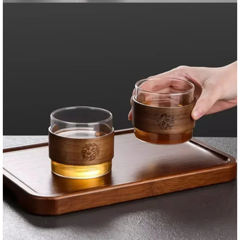 One Two Cups Gelas Teh Kopi Glass Tea Cup Borosilicate Wood Ring 200ml - LU2