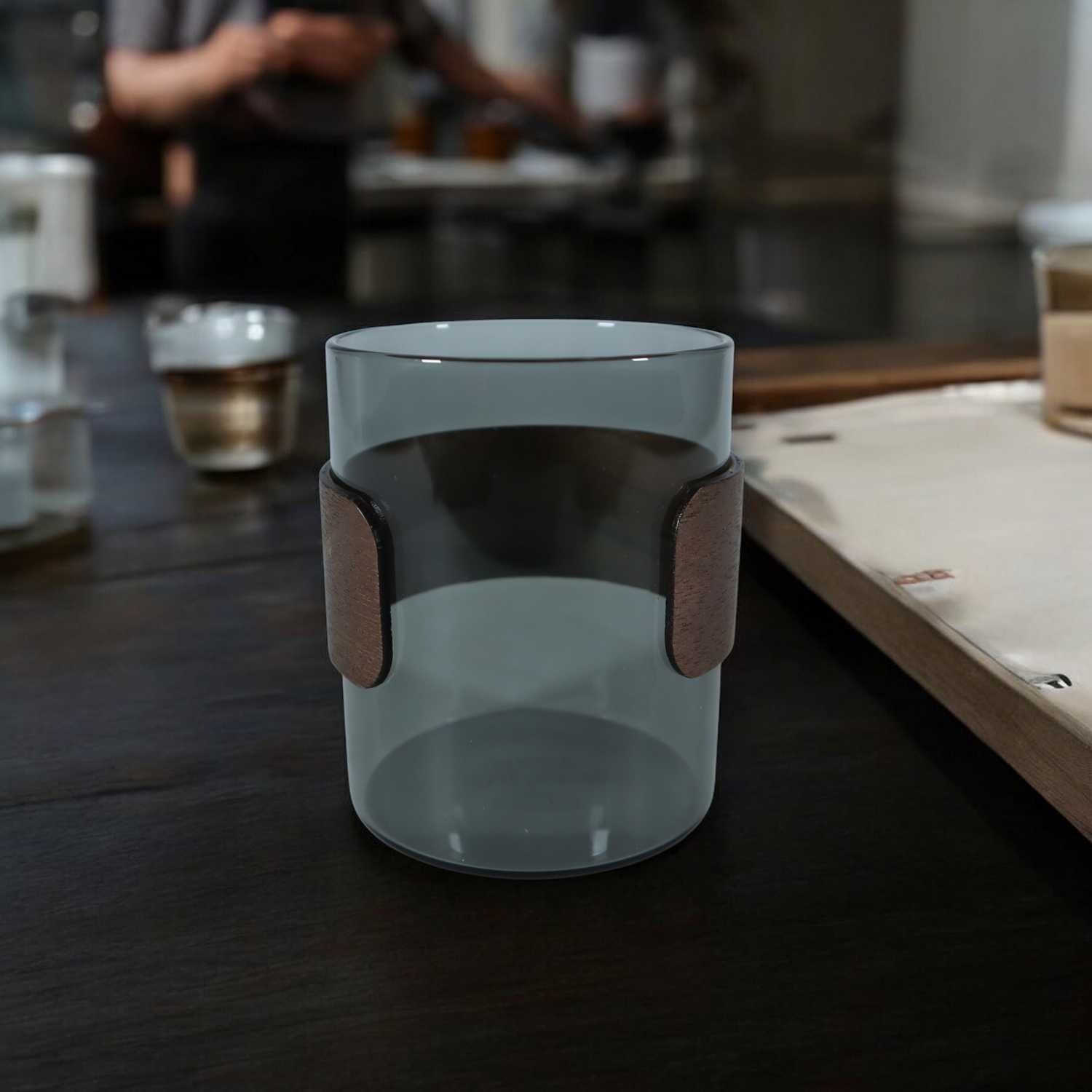 One Two Cups Gelas Teh Kopi Glass Tea Cup Borosilicate Wood Ring 200ml - LU2