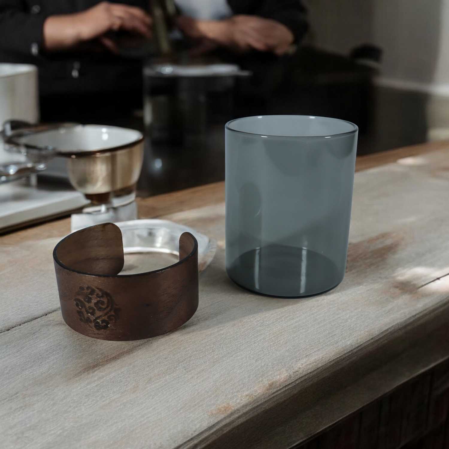 One Two Cups Gelas Teh Kopi Glass Tea Cup Borosilicate Wood Ring 200ml - LU2