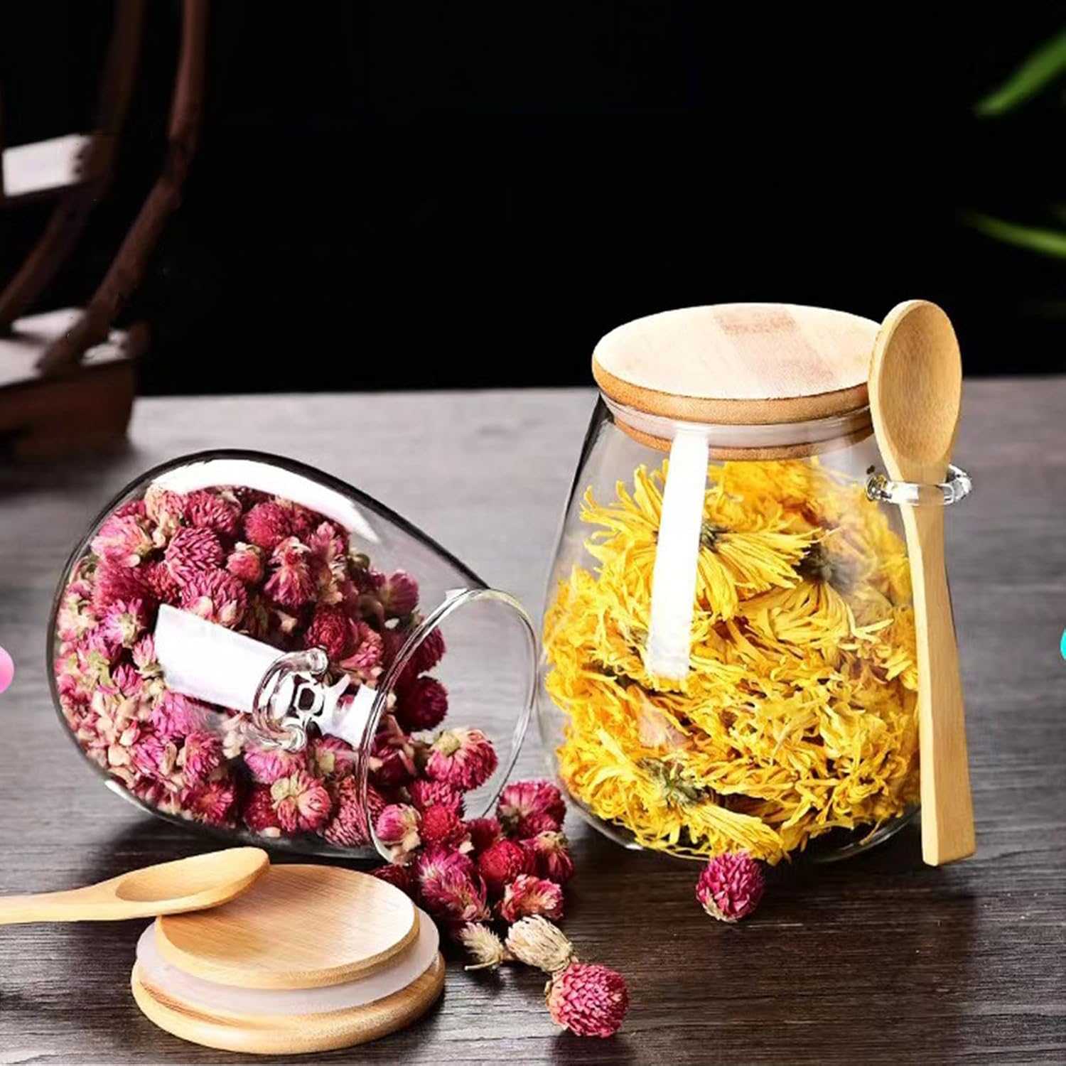 ginee_20251210165045406_7851750567.jpg One Two Cups Toples Kaca Glass Food Storage Vintage Wooden with Spoon - INU144