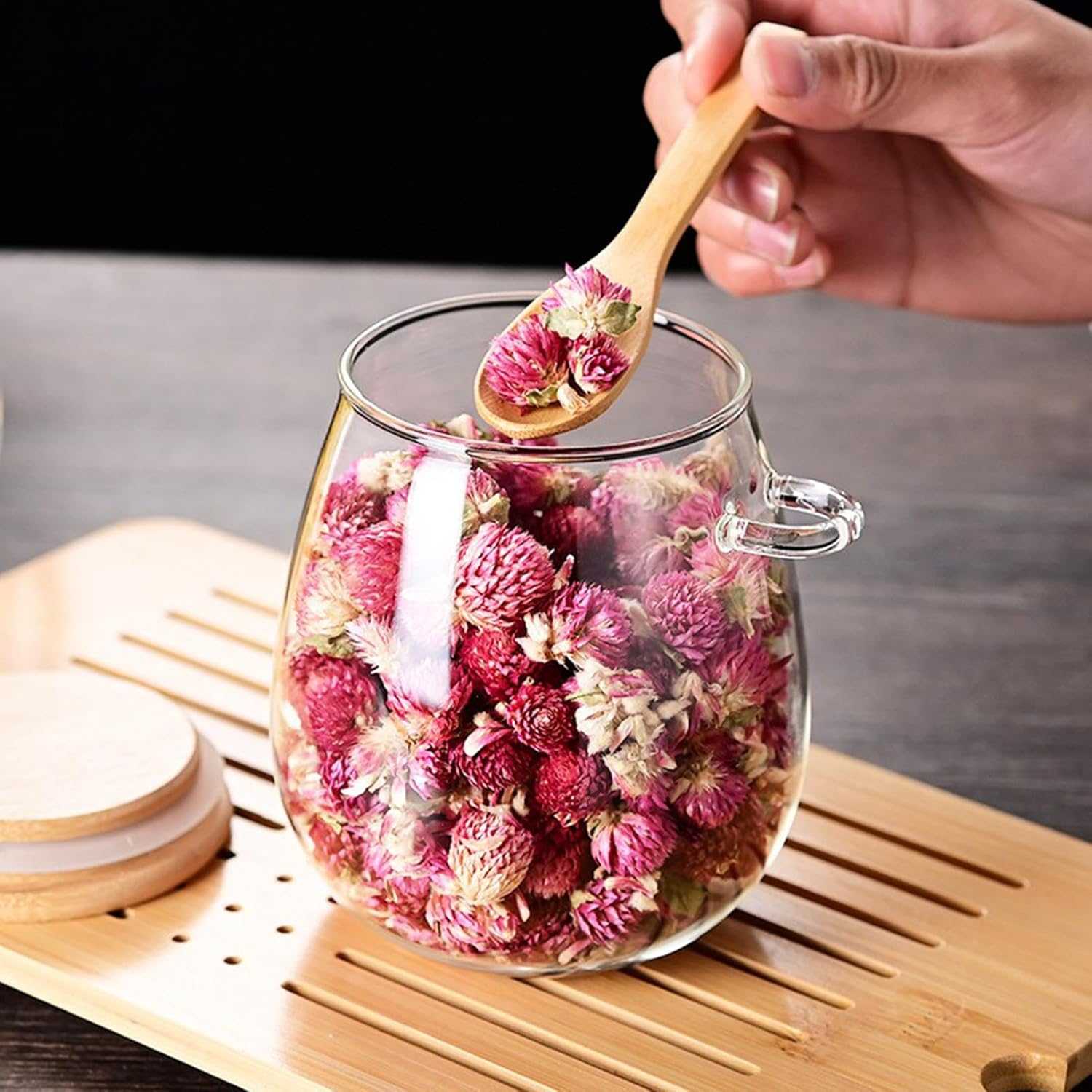 ginee_20251210165045474_3209709131.jpg One Two Cups Toples Kaca Glass Food Storage Vintage Wooden with Spoon - INU144