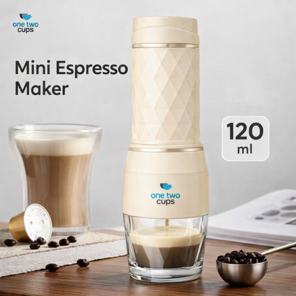 One Two Cups Hand Press Mini Espresso Coffee Maker 3in1 20 Bar 120ml Beige - HS-8439
