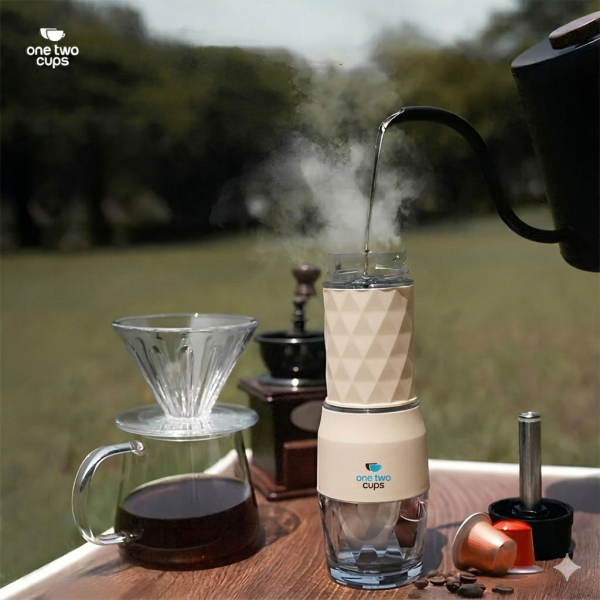 One Two Cups Hand Press Mini Espresso Coffee Maker 3in1 20 Bar 120ml Beige - HS-8439