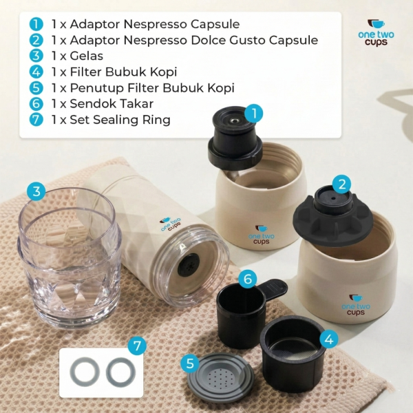 One Two Cups Hand Press Mini Espresso Coffee Maker 3in1 20 Bar 120ml Beige - HS-8439