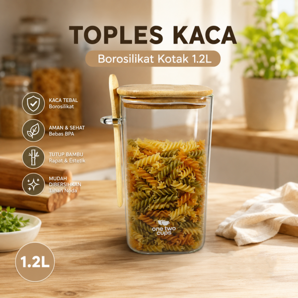 One Two Cups Toples Kaca Borosilikat Kotak Storage with Bamboo Lid - ST-1020