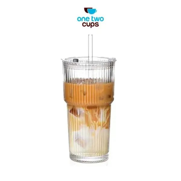One Two Cups Gelas Kaca Aesthetic Kopi Dirty Latte with Lid 600ml - OP01
