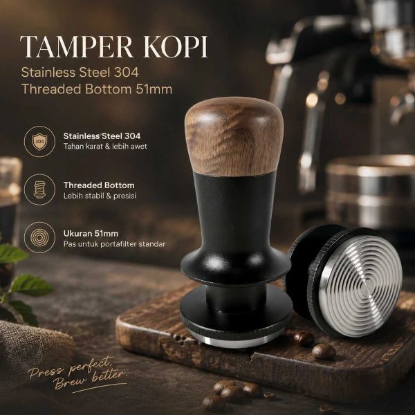 One Two Cups Tamper Kopi Barista Stainless Steel Threaded Bottom 51mm - JN - 26