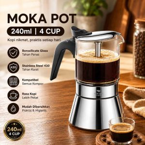 One Two Cups Moka Pot Teko Kopi Espresso Coffee Maker Dual Valve 4 Cup 240ml - Z61