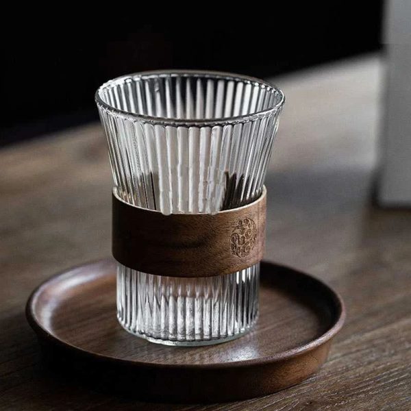 One Two Cups Gelas Kaca Aesthetic Kopi Teh Japanese Wood Sleeve 300ml - GN14