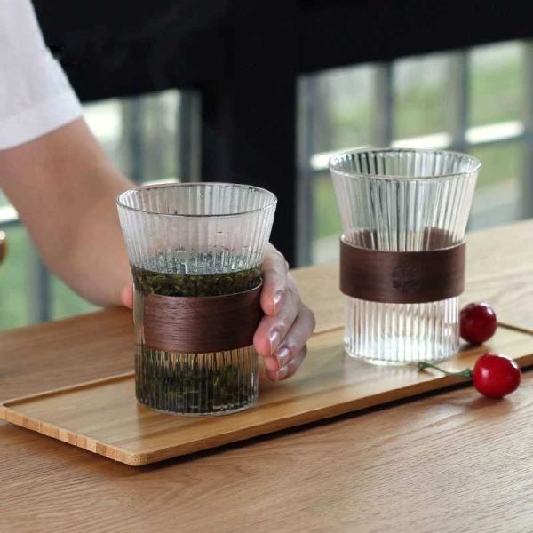 One Two Cups Gelas Kaca Aesthetic Kopi Teh Japanese Wood Sleeve 300ml - GN14