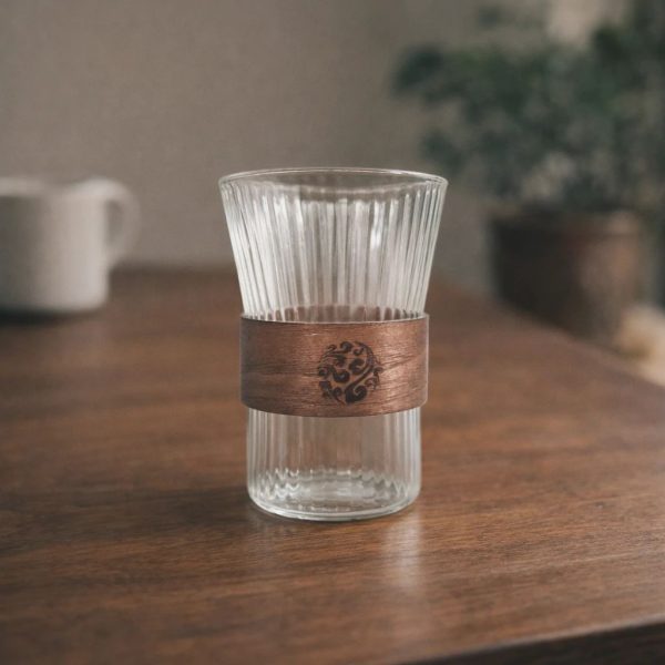 One Two Cups Gelas Kaca Aesthetic Kopi Teh Japanese Wood Sleeve 300ml - GN14