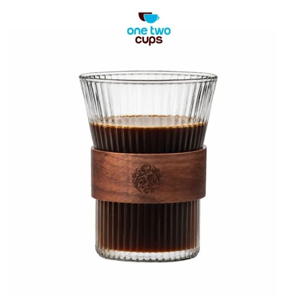 One Two Cups Gelas Kaca Aesthetic Kopi Teh Japanese Wood Sleeve 300ml - GN14