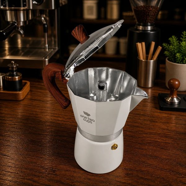 One Two Cups Moka Pot Teko Kopi Espresso Coffee Maker Stovetop - PL-315 - White/Dark Brown