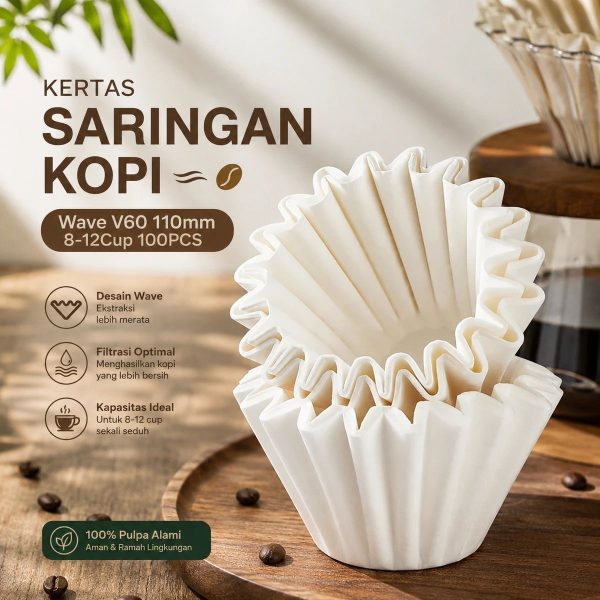 ginee_20260930141852783_9531348532.jpeg One Two Cups Kertas Saringan Kopi Wave Filter V60 110mm 8-12Cup 100PCS - W12