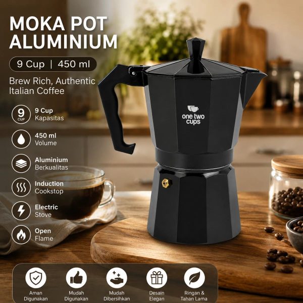 One Two Cups Moka Pot Teko Kopi Espresso Coffee Maker Stovetop 9 Cup 450ml - LI25