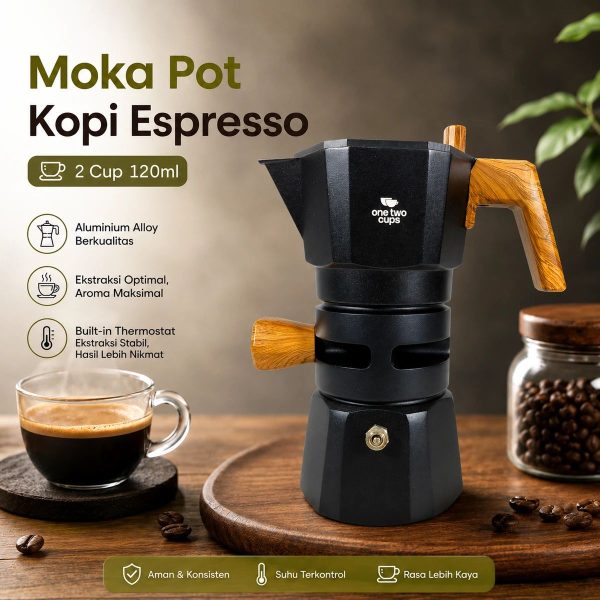 One Two Cups Moka Pot Kopi Espresso Thermostat Double Valve 2Cup 120ml - L35T