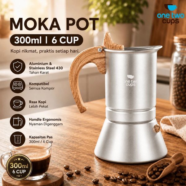 One Two Cups Moka Pot Teko Kopi Espresso Coffee Maker Stovetop 6 Cup 300ml - Z75