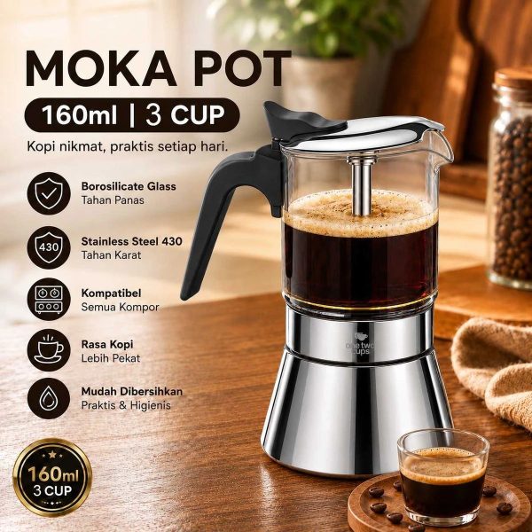 One Two Cups Moka Pot Teko Kopi Espresso Coffee Maker Dual Valve 3 Cup 160ml - Z61