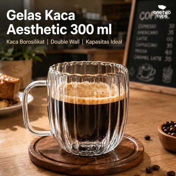 One Two Cups Gelas Kaca Aesthetic Kopi Double Wall with Handle 300ml - KT020