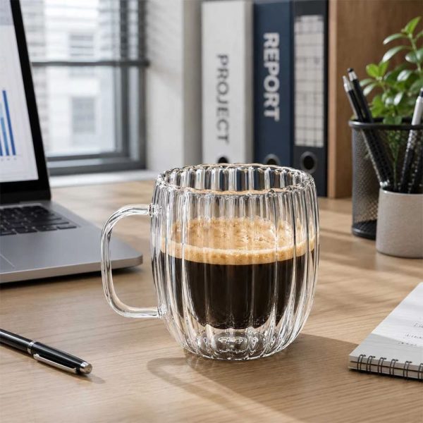 One Two Cups Gelas Kaca Aesthetic Kopi Double Wall with Handle 300ml - KT020