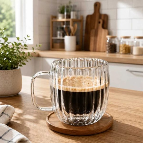 One Two Cups Gelas Kaca Aesthetic Kopi Double Wall with Handle 300ml - KT020