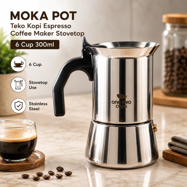 One Two Cups Moka Pot Teko Kopi Espresso Coffee Maker Stovetop 6 Cup 300ml - Z65
