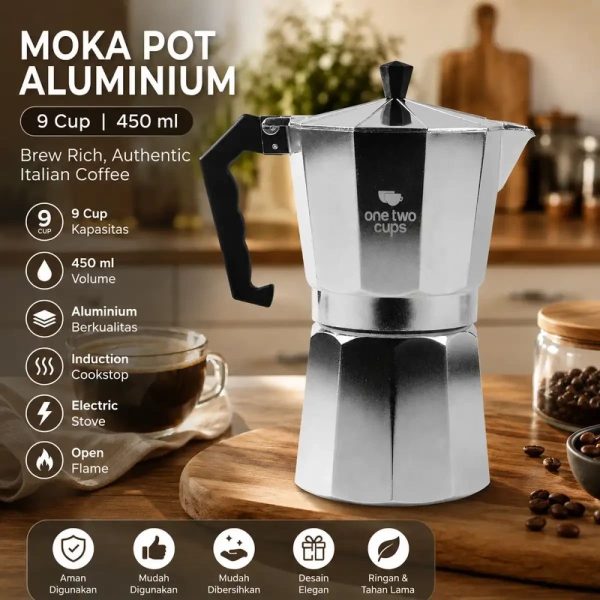 One Two Cups Coffee Maker Moka Teko Stovetop Filter 450ml 9Cup - JF112