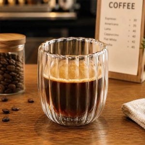 One Two Cups Gelas Kaca Aesthetic Kopi Double Wall Glass 250 ml - KT015 - Motif Wide Stripe